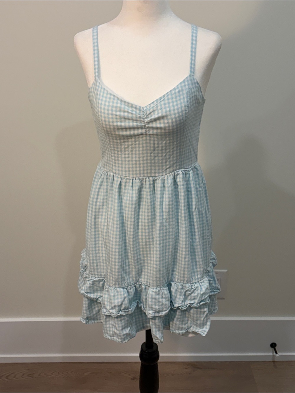 Hollister Light Blue and White Gingham Spaghetti Strap Dress